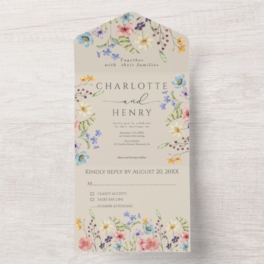 Eenvoudige Wildbloemen Tuin Bruiloft All In One Uitnodiging (Binnen)