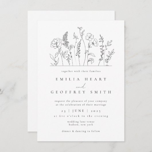 Eenvoudige Wildbloemen Tuin Lineart Bruiloft Kaart (Voorkant / Achterkant)