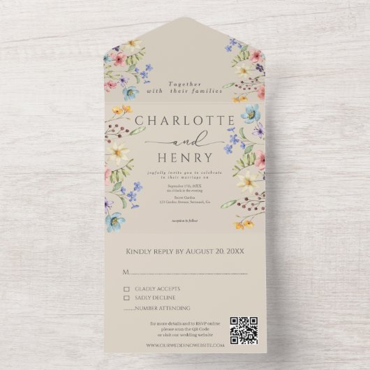 Eenvoudige Wildbloemen Tuin QR Code Bruiloft All In One Uitnodiging (Binnen)
