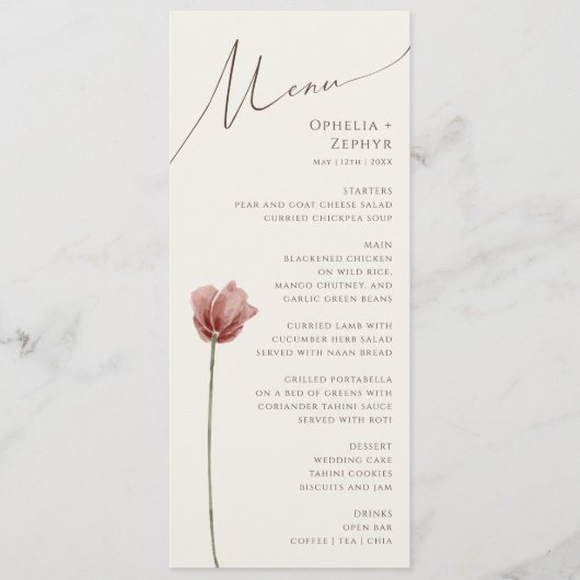 Eenvoudige Wilde Bloem | Beige Trouwdiner Menu (Voorkant)