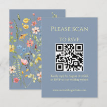 Eenvoudige Wilde Bloem Blauwe QR Code & RSVP Huwel