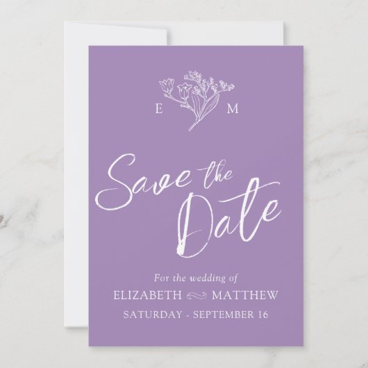 Eenvoudige wilde bloem monogram tekening paarse fo save the date (Voorkant)