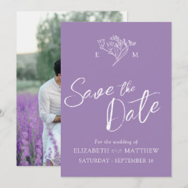 Eenvoudige wilde bloem monogram tekening paarse fo save the date
