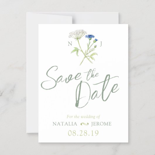 Eenvoudige wilde bloem wit groen opslaan van de da magnetische uitnodiging (Voorkant)