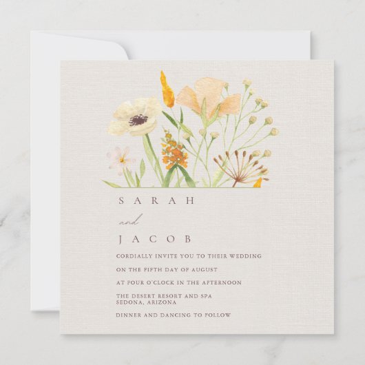 Eenvoudige wilde bloemen botanische bruiloft kaart (Achterkant)