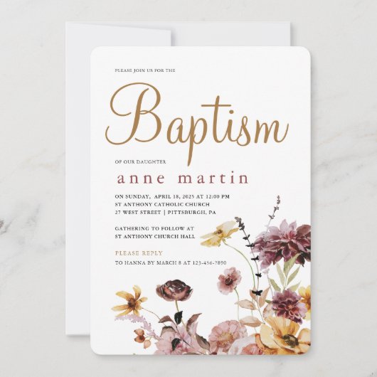 Eenvoudige Wildflower Bloemen Meisje Doop Kaart (Voorkant)