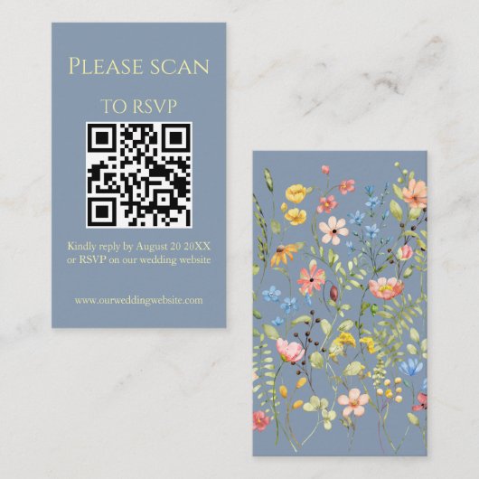 Eenvoudige Wildflower Blue QR-code & RSVP bruiloft Informatiekaartje (Voorkant / Achterkant)