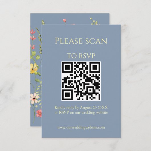 Eenvoudige Wildflower Blue QR-code & RSVP bruiloft Informatiekaartje (Voorkant / Achterkant)