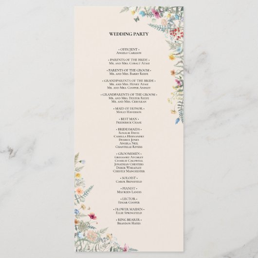 Eenvoudige Wildflower Fern Beige Weddenflat Programmakaart (Achterkant)