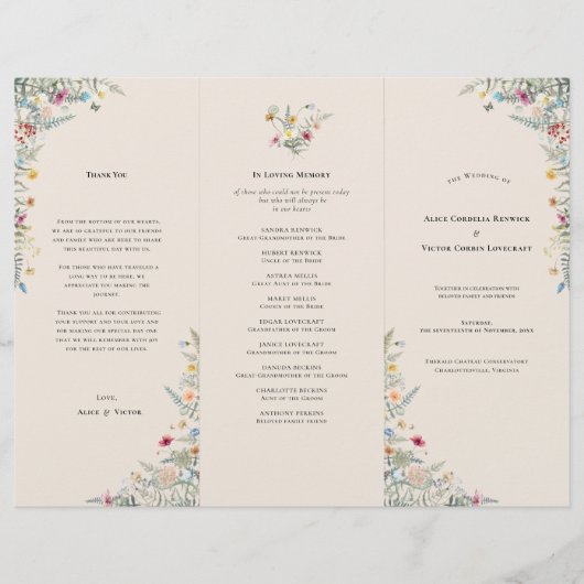 Eenvoudige Wildflower Fern Beige Wedding Program F (Voorkant)