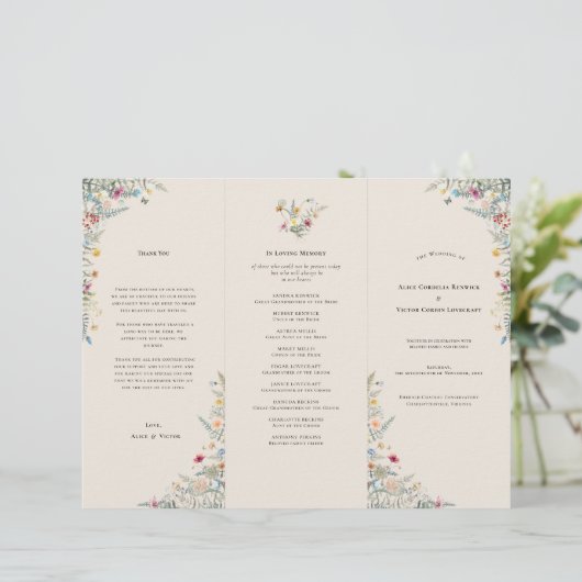 Eenvoudige Wildflower Fern Beige Wedding Program F (Staand voorkant)