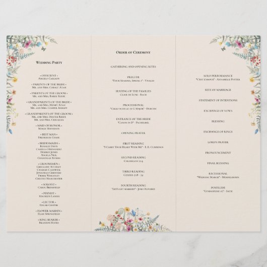 Eenvoudige Wildflower Fern Beige Wedding Program F (Achterkant)