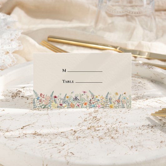 Eenvoudige Wildflower Fern beige Wedding vouwd Plaatskaartje