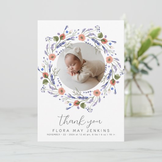 Eenvoudige Wildflower Foto Baby shower Bedankkaart (Staand voorkant)