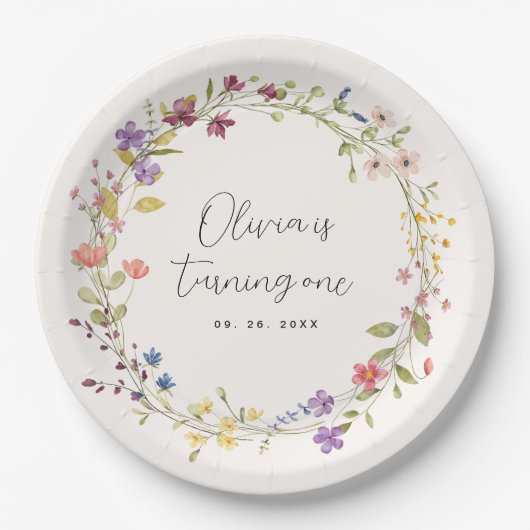 Eenvoudige Wildflower krans 1e verjaardagsfeestje Papieren Bordje (Voorkant)