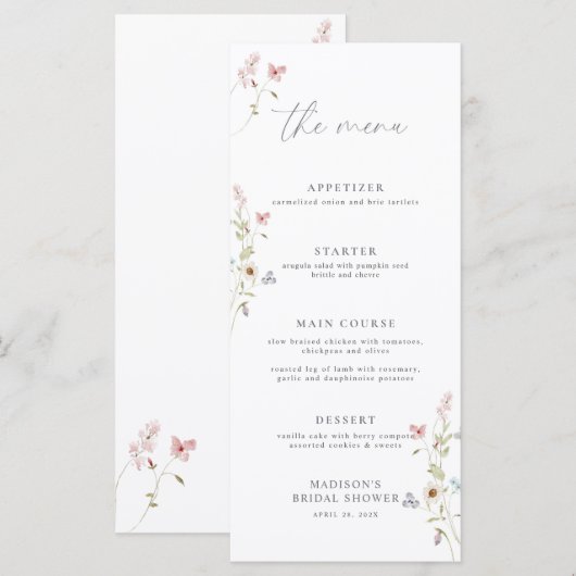 Eenvoudige Wildflower Liefde in Bloom Vrijgezellen Menu (Voorkant / Achterkant)