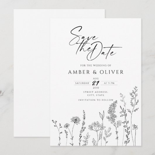 Eenvoudige Wildflower Line Art Save The Date Kaart (Voorkant / Achterkant)