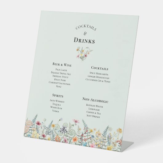 Eenvoudige Wildflower Mint Groene Bruiloft Drinken Reclamebord Met Voetstuk (Voorkant)