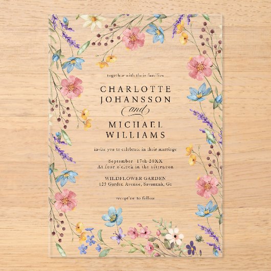 Eenvoudige Wildflower Moderne Rustieke Tuin Huweli Acryl Uitnodigingen (Voorkant)