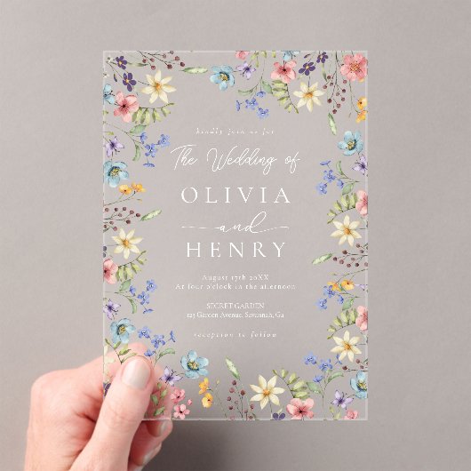 Eenvoudige Wildflower Moderne Rustieke Tuin Huweli Acryl Uitnodigingen (Insitu (Draagbaar))