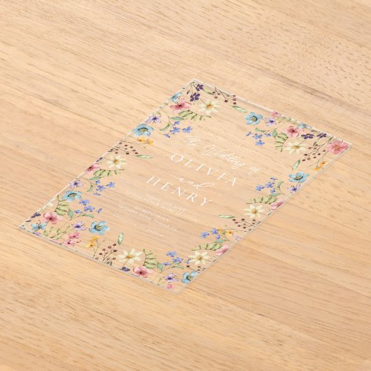 Eenvoudige Wildflower Moderne Rustieke Tuin Huweli Acryl Uitnodigingen (Laagn)