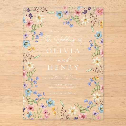 Eenvoudige Wildflower Moderne Rustieke Tuin Huweli Acryl Uitnodigingen (Voorkant)