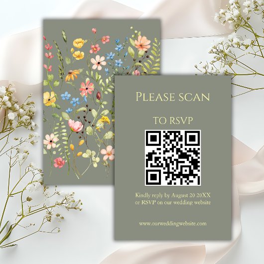 Eenvoudige Wildflower Sage QR-code & RSVP bruiloft Kaartje