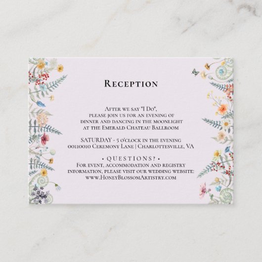 Eenvoudige Wildflower Varen Lavendel Bruiloft Rece Informatiekaartje (Voorkant)