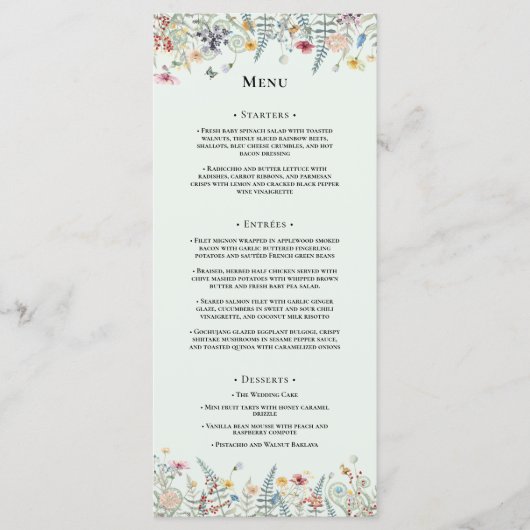 Eenvoudige Wildflower Varen Mint Groen Bruiloft Fl Menu (Voorkant)