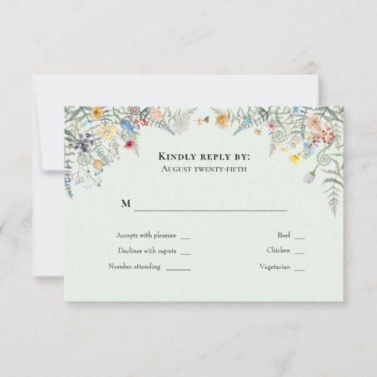 Eenvoudige Wildflower Varen Mint Groen Bruiloft Mo RSVP Kaartje (Voorkant)