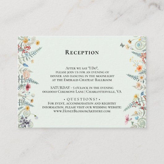 Eenvoudige Wildflower Varen Munt Bruiloft Receptie Informatiekaartje (Voorkant)