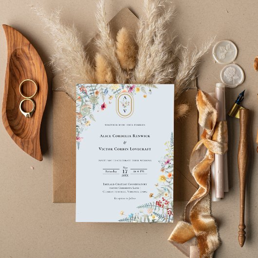 Eenvoudige Wildflower Varen Stoffig Blauw Bruiloft Kaart