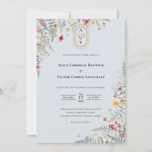 Eenvoudige Wildflower Varen Stoffig Blauw Bruiloft Kaart (Voorkant)