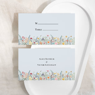 Eenvoudige Wildflower Varen Stoffig Blauw Bruiloft Plaatskaartje