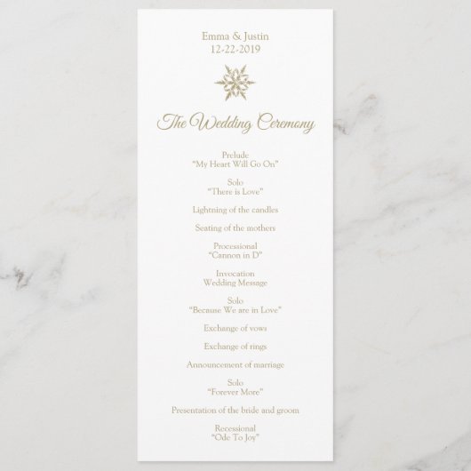 Eenvoudige Winter Bruiloft Gouden Sneeuwvlok Kerst Programmakaart (Achterkant)