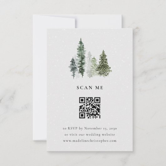 Eenvoudige Winter Forest Wedding QR Code RSVP Kaar (Voorkant)