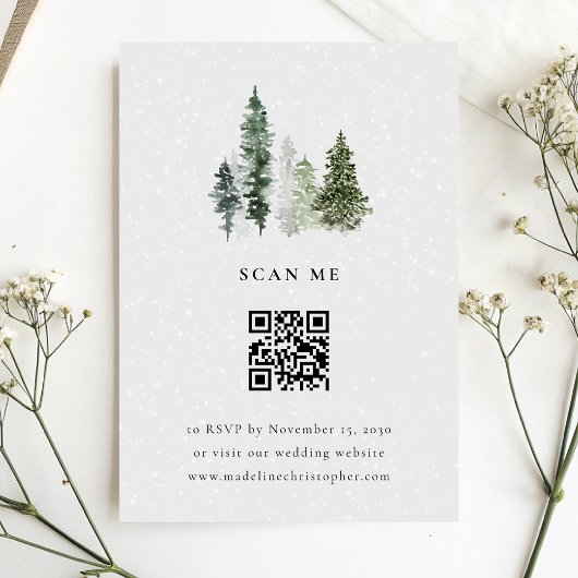 Eenvoudige Winter Forest Wedding QR Code RSVP Kaar Kaartje