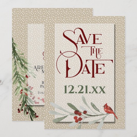 Eenvoudige winter met kardinaal huwelijk save the date (Voorkant / Achterkant)