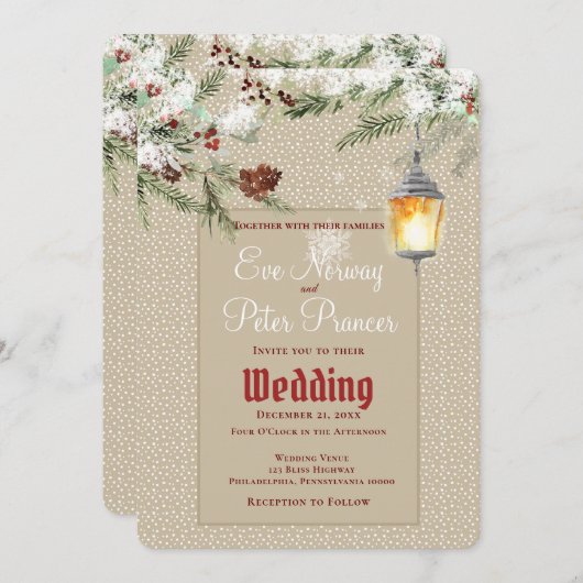 Eenvoudige winter met lantaarn en groen Huwelijk Aankondiging (Voorkant / Achterkant)
