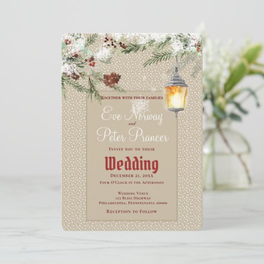 Eenvoudige winter met lantaarn en groen Huwelijk Aankondiging (Staand voorkant)