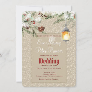 Eenvoudige winter met lantaarn en groene wedding aankondiging