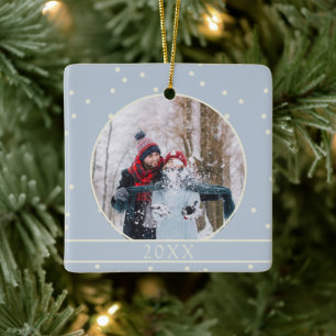 Eenvoudige winter sneeuw foto aandenken blauwe ker keramisch ornament