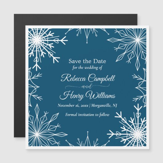 Eenvoudige winter sneeuwvlokken opslaan de datum b magnetische uitnodiging (Voorkant / Achterkant)