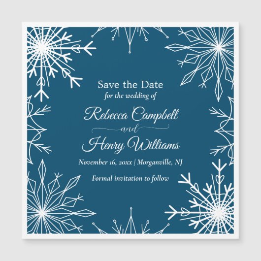 Eenvoudige winter sneeuwvlokken opslaan de datum b magnetische uitnodiging (Voorkant)