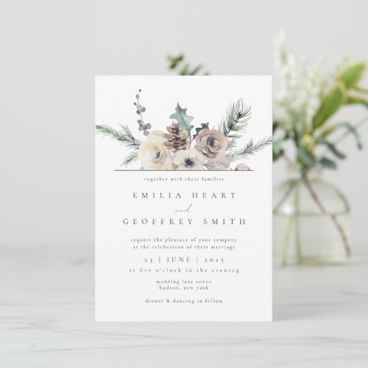 Eenvoudige Winter Tuin Woodland Bloemen bruiloft Kaart (Staand voorkant)