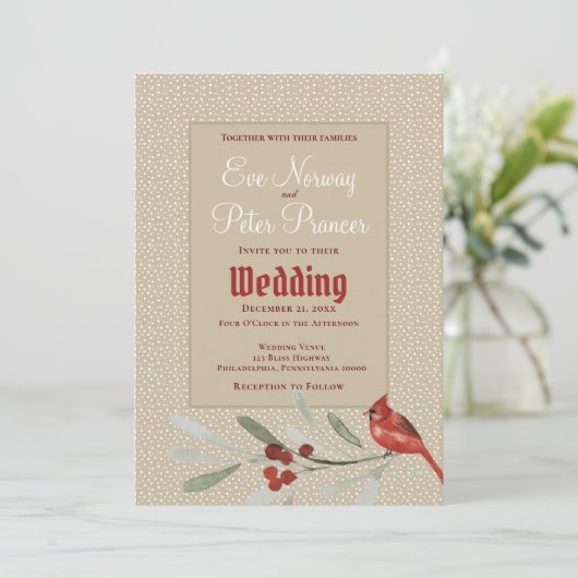 Eenvoudige wintertrouw met kardinaal en groen aankondiging (Staand voorkant)