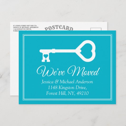 Eenvoudige Wit Blauw Minimale Sleutel Verhuisaanko Aankondigingskaart (Voorkant / Achterkant)