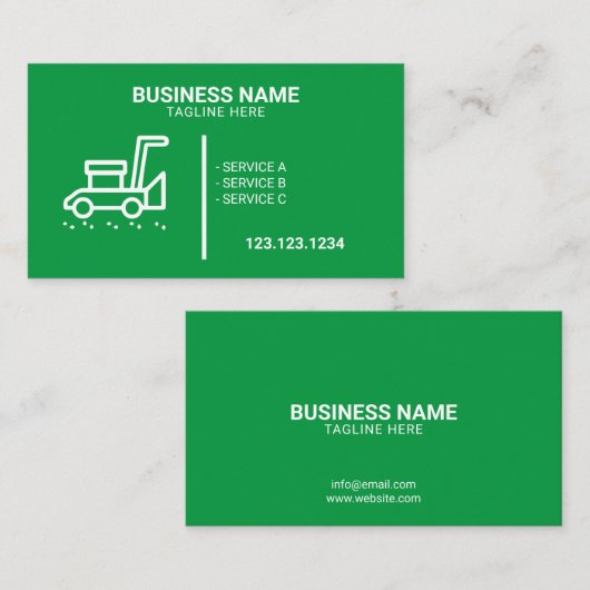 Eenvoudige Wit en Groene Lawnmower Lawn Service Visitekaartje (Voorkant / Achterkant)