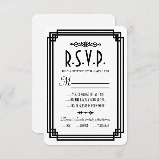 Eenvoudige Wit en Zwart Art Deco Bruiloft RSVP Kaa (Voorkant / Achterkant)