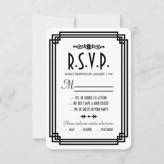 Eenvoudige Wit en Zwart Art Deco Bruiloft RSVP Kaa (Voorkant)